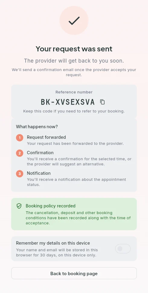 Bokko booking confirmation screen showing a reference number