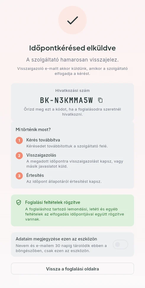 Bokko foglalás-visszaigazolás képernyő hivatkozási számmal