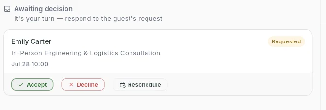 Bokko dashboard awaiting-decision booking request with an accept button