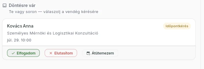 Bokko vezérlőpult döntésre váró foglalási kérés elfogadás gombbal