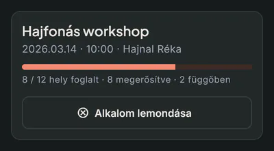 Bokko csoportos alkalom: Hajfonás workshop 12 férőhellyel, 8 elfogadott és 2 függő jelentkezéssel.