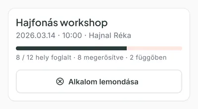 Bokko csoportos alkalom: Hajfonás workshop 12 férőhellyel, 8 elfogadott és 2 függő jelentkezéssel.