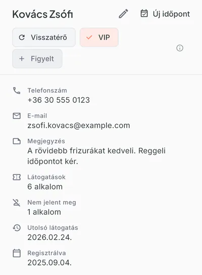 Bokko vendégprofil: Kovács Zsófi Visszatérő és VIP címkével, elérhetőséggel, privát jegyzettel, 6 látogatással, 1 meg nem jelenéssel és az utolsó látogatás dátumával.