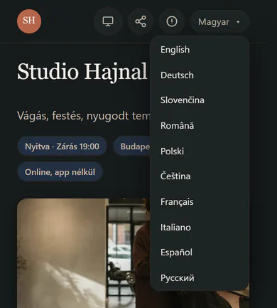 Studio Hajnal foglalási oldala telefonon, nyitott nyelvválasztóval: a vendégoldal 11 nyelven érhető el.