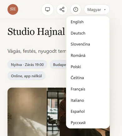 Studio Hajnal foglalási oldala telefonon, nyitott nyelvválasztóval: a vendégoldal 11 nyelven érhető el.