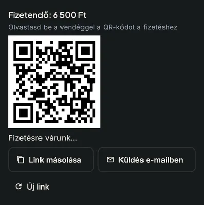 Bokko helyszíni fizetés a foglalás lezárásakor: a fizetendő összeg, QR-kód a vendégnek, valamint a fizetési link másolása vagy elküldése e-mailben.