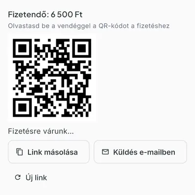 Bokko helyszíni fizetés a foglalás lezárásakor: a fizetendő összeg, QR-kód a vendégnek, valamint a fizetési link másolása vagy elküldése e-mailben.