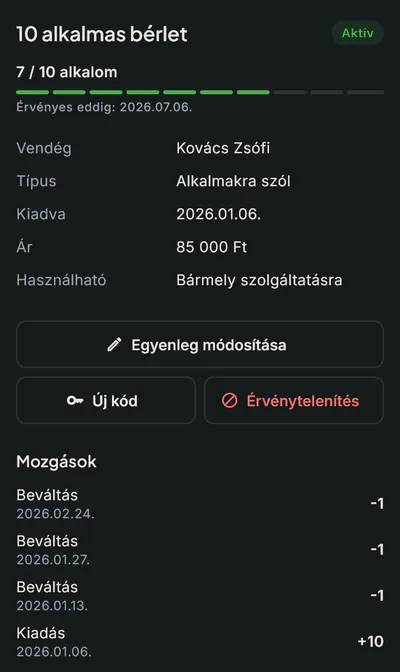 Bokko bérlet részletei: 10 alkalmas bérlet, 7 alkalom maradt, a mozgásnaplóban három foglaláskor levont alkalom és a kiadás.