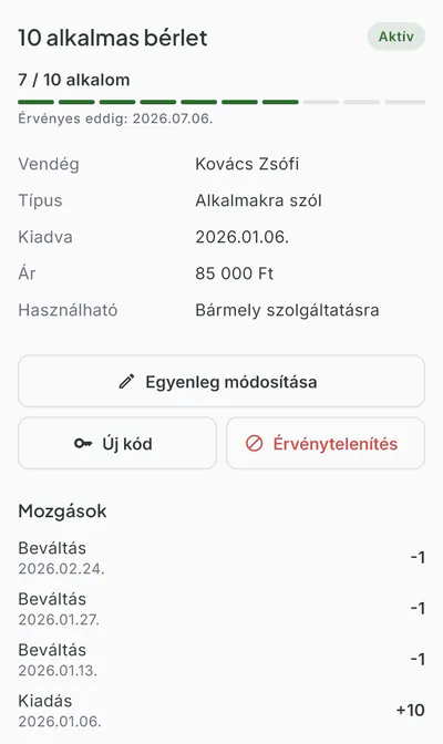 Bokko bérlet részletei: 10 alkalmas bérlet, 7 alkalom maradt, a mozgásnaplóban három foglaláskor levont alkalom és a kiadás.