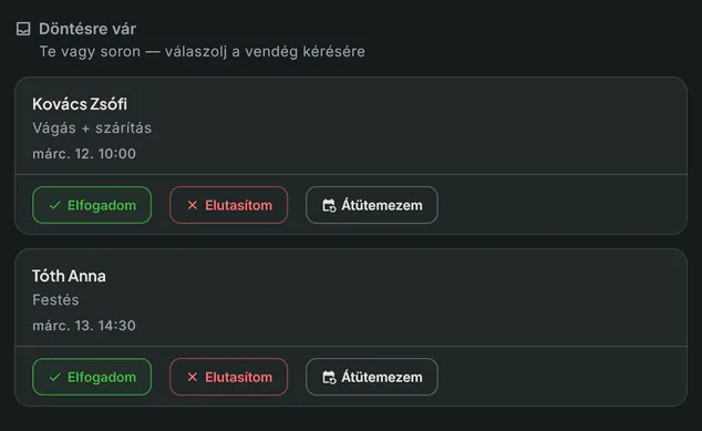 Bokko vezérlőpult, Kérések: a „Döntésre vár” listában két időpontkérés, mindegyiknél Elfogadom, Elutasítom és Átütemezem gomb.