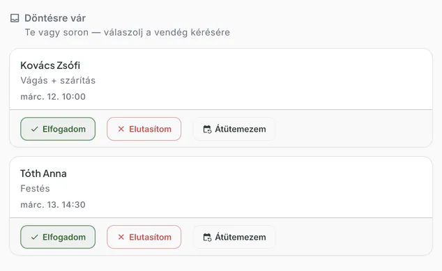 Bokko vezérlőpult, Kérések: a „Döntésre vár” listában két időpontkérés, mindegyiknél Elfogadom, Elutasítom és Átütemezem gomb.