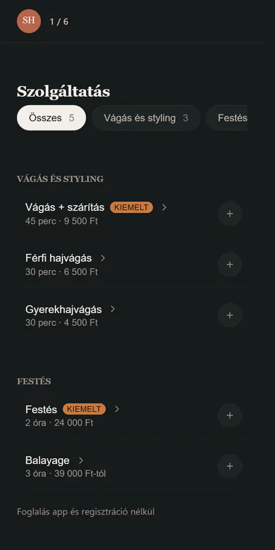 Studio Hajnal foglalási oldala telefonon: a vendég kategóriákba rendezett szolgáltatások közül választ, mindegyiknél időtartammal és árral.