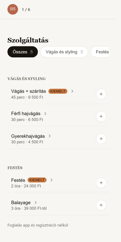 Studio Hajnal foglalási oldala telefonon: a vendég kategóriákba rendezett szolgáltatások közül választ, mindegyiknél időtartammal és árral.
